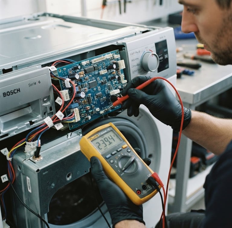 Close-up of a professional technician's hands using a digital multimeter to diagnose an electronic control panel of a modern washing machine, bright focused light, cool metallic tones, sharp focus, 35mm