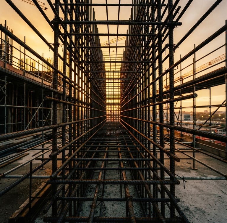 Low-angle wide shot of structural steel rebar grid, dramatic golden-hour sunlight casting high-contrast deep shadows, monumental civil engineering photography, 35mm film grain