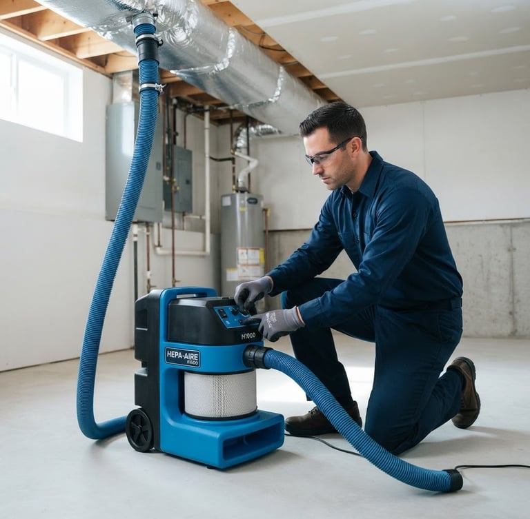 Crisp commercial photography of a professional HVAC technician in a clean uniform operating a high-tech blue HEPA negative-pressure vacuum system connected to a residential duct, bright daylight, sharp focus, 35mm