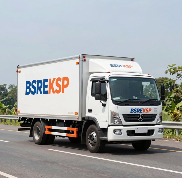 Wide shot of a professional delivery truck with BSREKSP branding driving on a paved highway in East Kalimantan, bright natural daylight, high-contrast industrial tones, sharp focus, 35mm lens