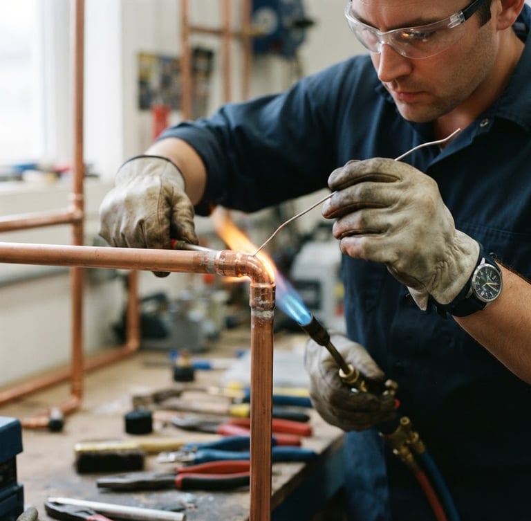 Medium close-up of a technician soldering a clean copper pipe joint, bright neutral daylight, crisp metallic details, sharp focus, 35mm