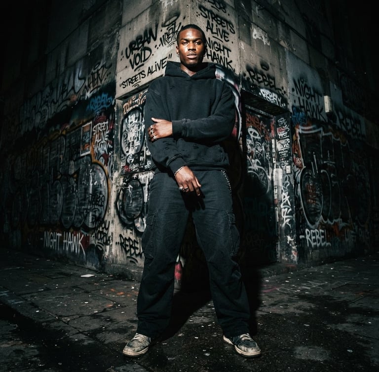 Model in Stucci Wear hoodie, low-angle heroic shot, harsh flash photography, graffiti-covered concrete wall in an urban alleyway, desaturated tones with deep blacks