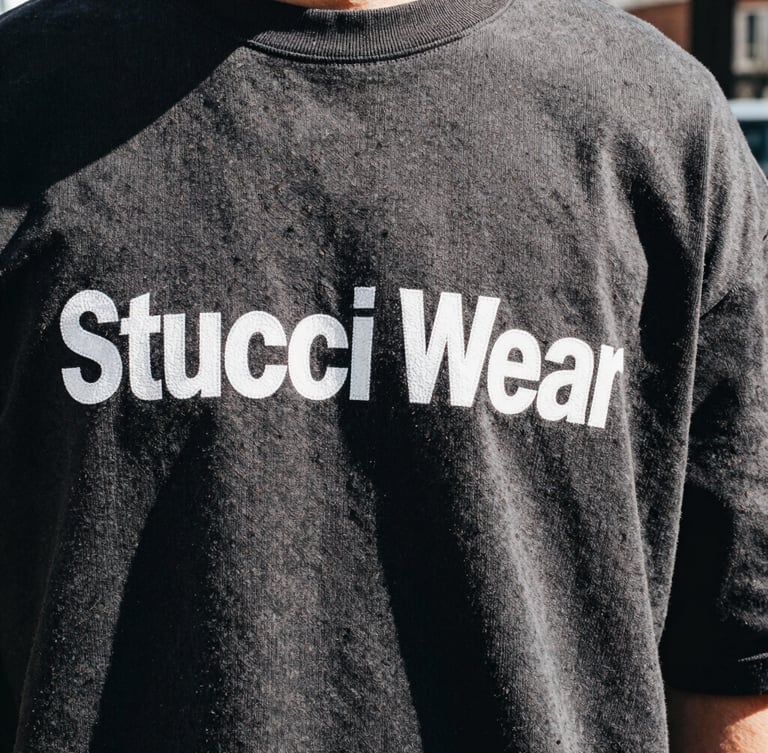 Close-up of a Stucci Wear graphic print on heavyweight cotton, showing fabric texture and stitching detail, harsh direct sunlight, urban background blur