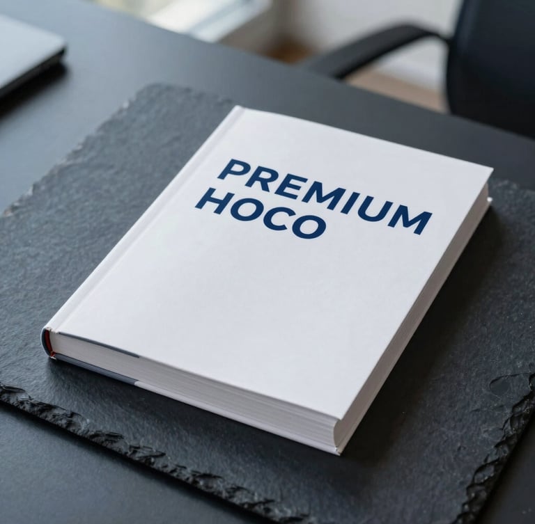 Premium hardcover book mockup on a dark slate desk, clean minimalist typography on the cover, soft cool office daylight, professional setting.