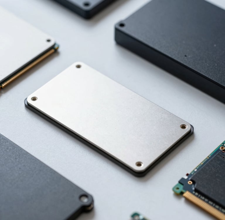Macro shot of high-quality computer hardware, clean SSD and RAM modules on an organized workspace, bright cool daylight, sharp focus, minimalist composition