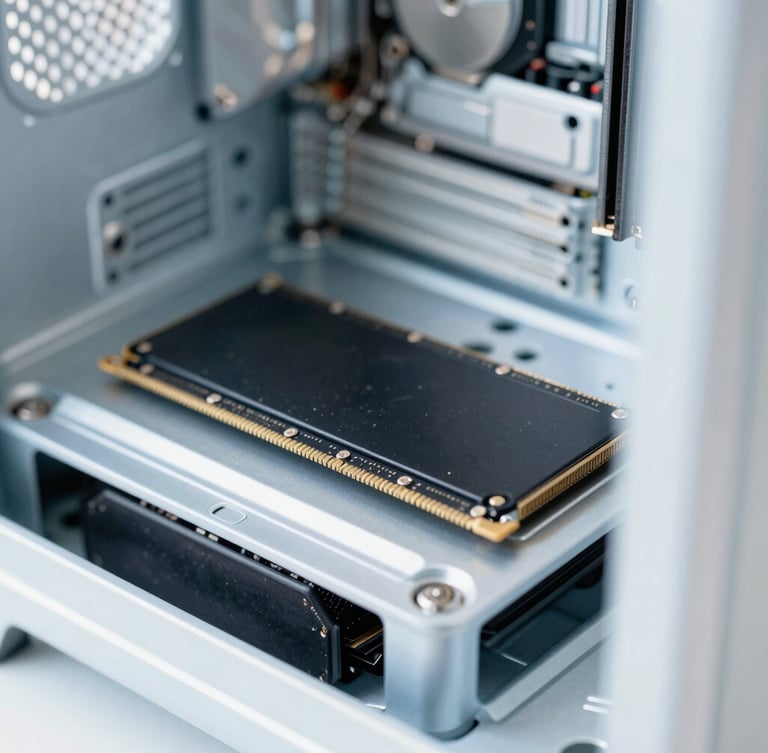 Macro shot of a high-quality SSD installation inside a clean modern computer chassis, bright cool daylight, sharp focus on hardware components, minimalist composition, 50mm