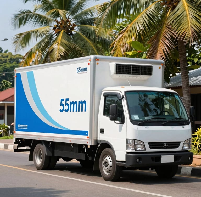 A modern refrigerated delivery truck with clean blue and white branding parked along a sunny street in Kattankudy, bright tropical daylight, sharp focus, 35mm.
