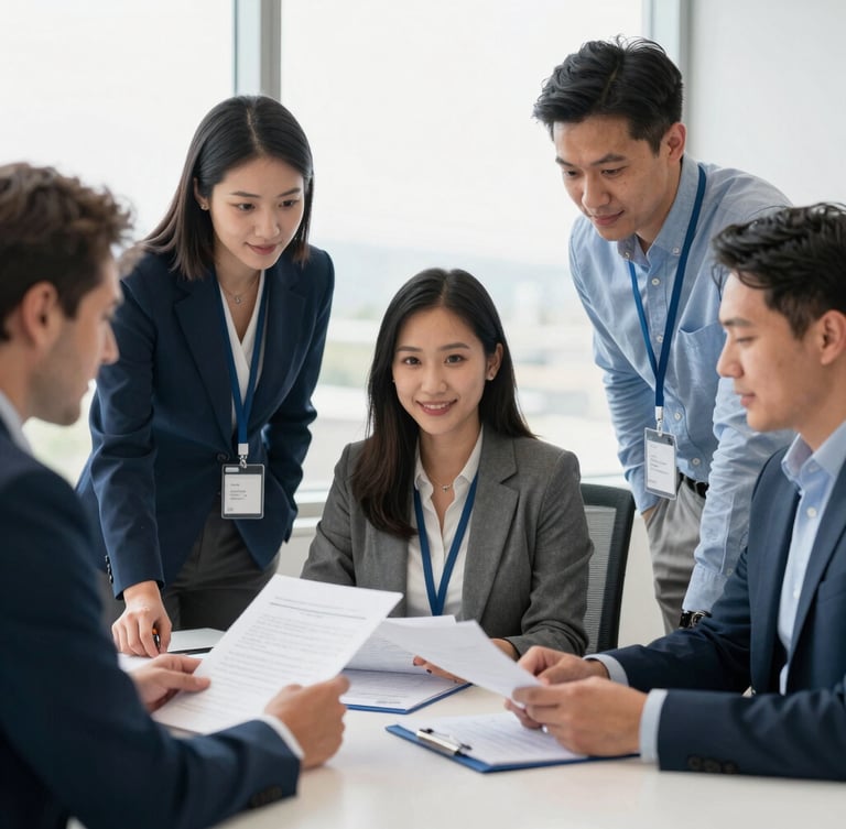 Professional photograph of R&M Accounting Tax team members collaborating over documents in their bright, modern Everett office, natural daylight, sharp focus, one team member smiling at the camera, professional editorial photography, clean corporate blue and grey tones, 35mm