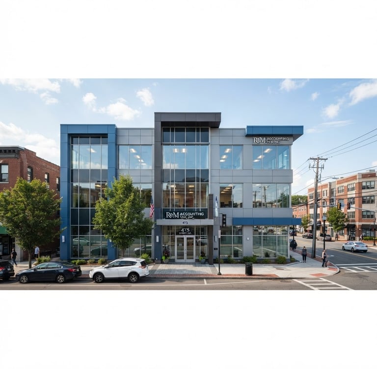 Wide panoramic shot of R&M Accounting Tax, Inc.'s office exterior on Broadway, Everett, MA, under bright natural daylight, clean corporate blue and grey tones, sharp focus, 35mm.