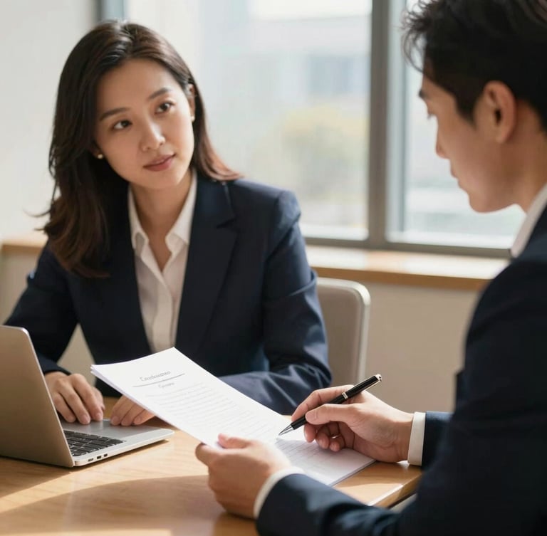 A professional medium-close up of an attorney and a community leader discussing documents in a sunlit conference room, warm editorial photography, soft natural window light, deep navy and gold accents, shallow depth of field, 35mm