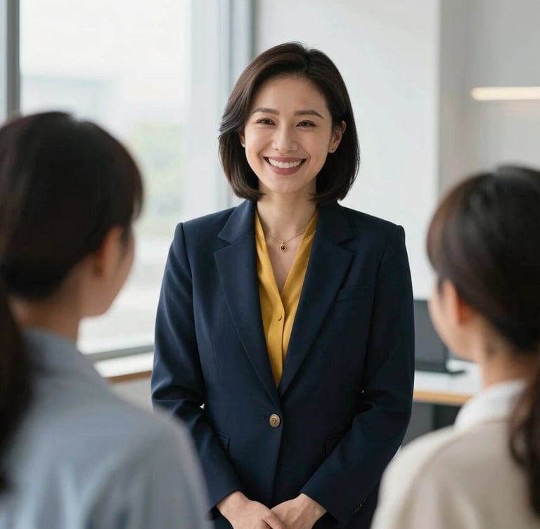 An editorial portrait of a female attorney smiling warmly at a family in a bright, modern office space, soft natural window light, deep navy and gold accents, shallow depth of field, 35mm