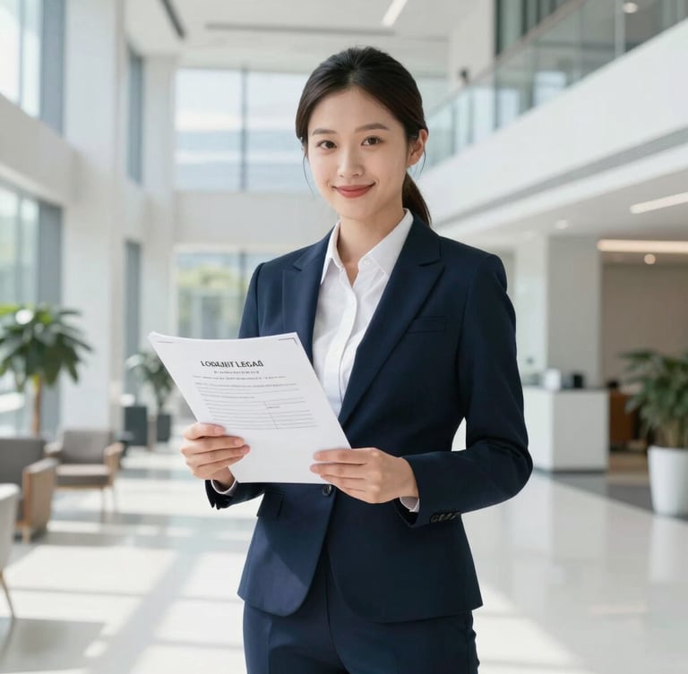 A professional business executive holding legal documents in a bright, modern corporate office lobby, clean daylight, navy and white tones.