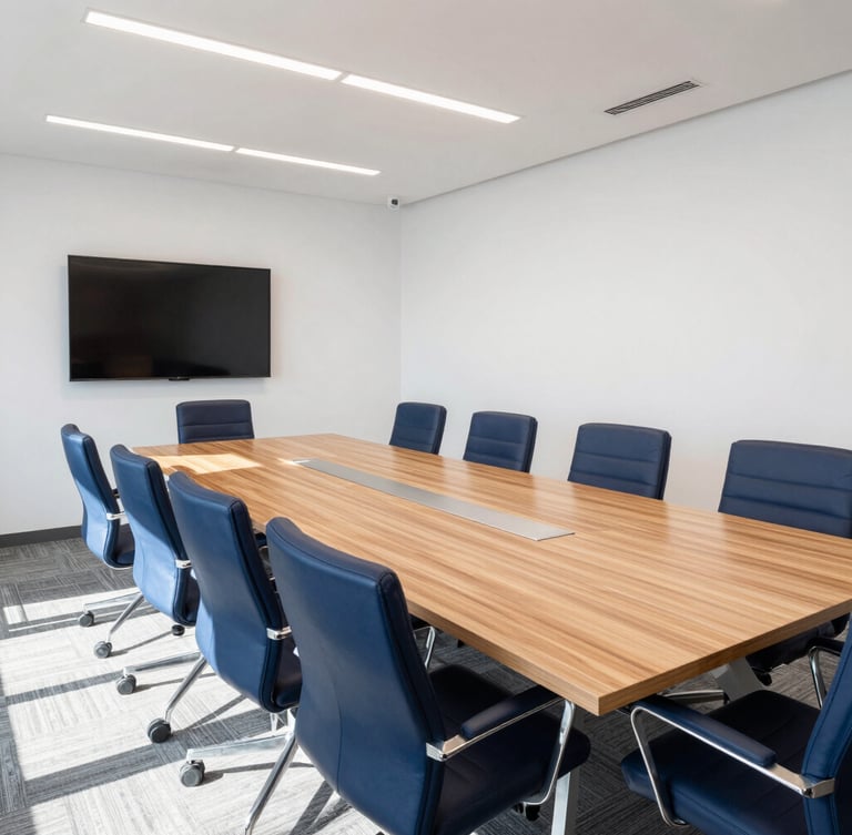 Wide-angle interior of a modern, sunlit conference room in Davao City, large wooden table with clean lines, comfortable navy chairs, presentation screen on the wall, bright daylight.