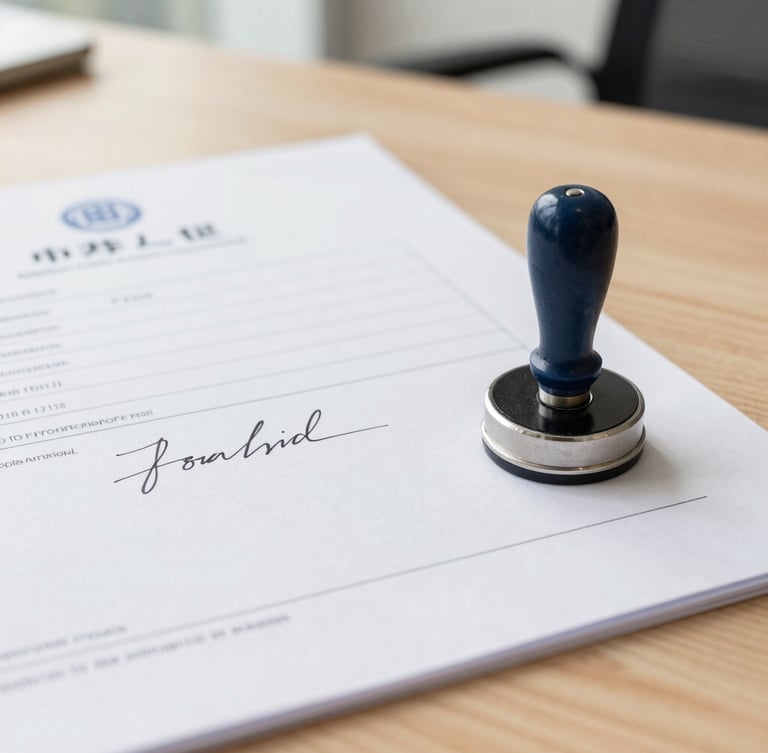 Close-up of signed corporate registration documents and a steel corporate seal on a clean wooden desk, bright office daylight, sharp focus.