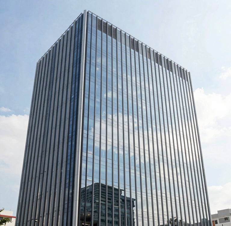 Wide environmental portrait of a modern office glass tower in Davao City, bright daylight, reflections of clouds