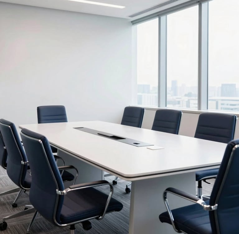 A clean, modern meeting room with a polished conference table and sleek chairs, bright daylight, professional corporate setup.