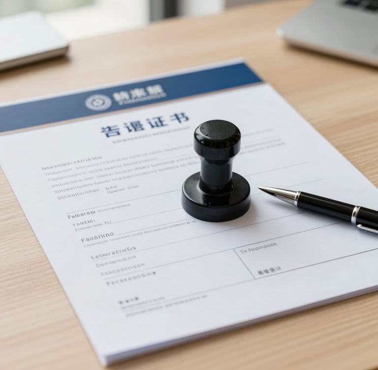 Close-up of official corporate registration documents with legal stamp and pen on a clean wooden desk, natural side light