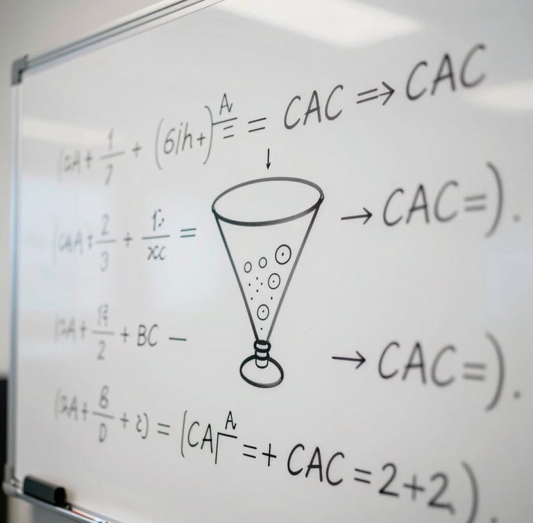High-contrast close-up of a physical whiteboard covered in complex funnel math and CAC equations, cool office lighting