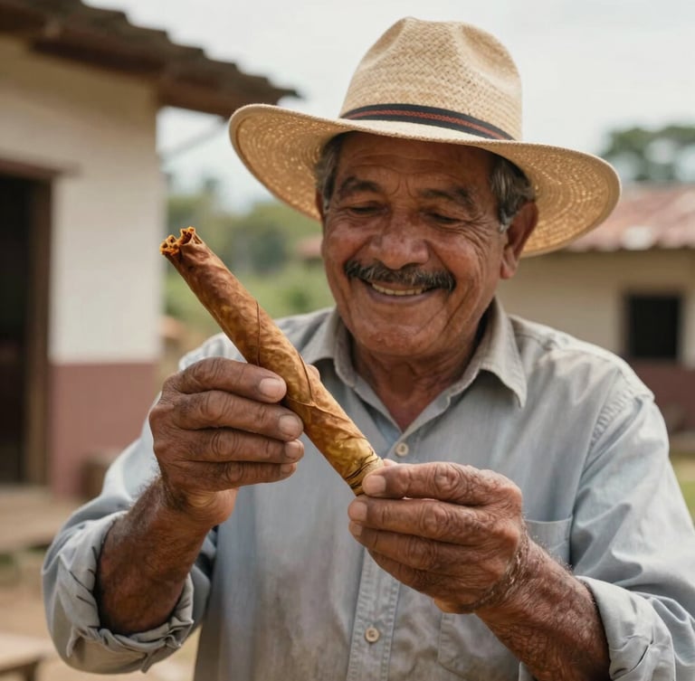 Primer plano de un productor de tabaco de Estelí sonriendo con sombrero de ala ancha, sosteniendo hojas de tabaco curado entre sus manos curtidas, luz dorada natural