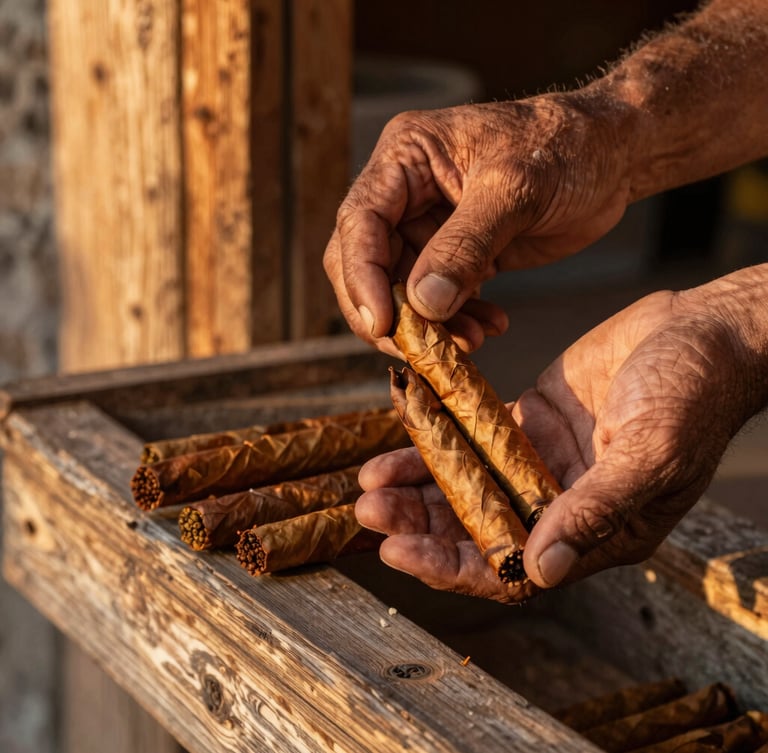 Primer plano de manos curtidas sosteniendo hojas secas de tabaco curado en un secadero tradicional de Estelí, luz cálida de atardecer filtrándose por las rendijas de madera.