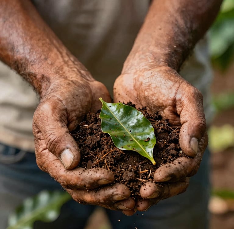 Close-up of weathered hands of a Nicaraguan farmer gently holding rich dark soil mixed with green coffee leaves, warm natural afternoon light, high texture detail.