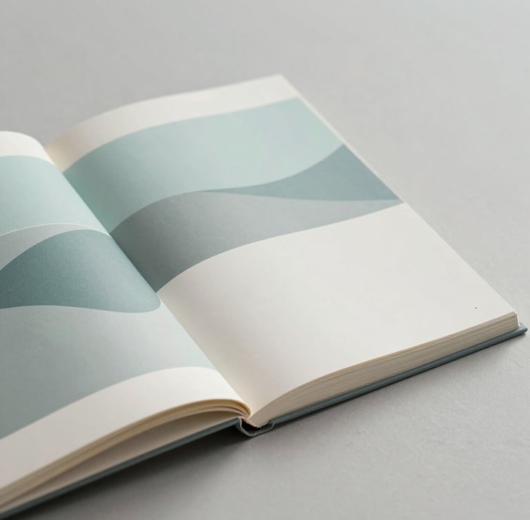 Minimalist editorial book layout, open pages showing abstract flowing graphics in soft cyan and mist gray, soft side light