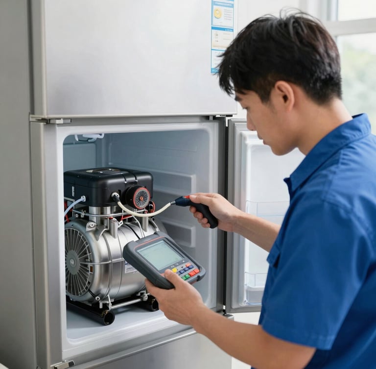 A professional technician in a clean uniform using diagnostic tools on the compressor of a modern stainless steel refrigerator, bright natural daylight, technical details, sharp focus