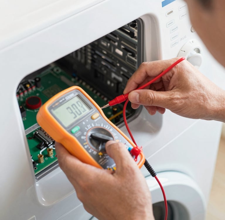 Close-up of a technician's hands using a digital multimeter to test the electrical contacts of a modern washing machine control board, bright natural utility lighting, sharp focus on tools.