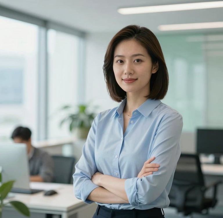 Professional corporate photography of a bright modern Canadian office with natural daylight, clean corporate environment, soft blue and green tones, shallow depth of field.