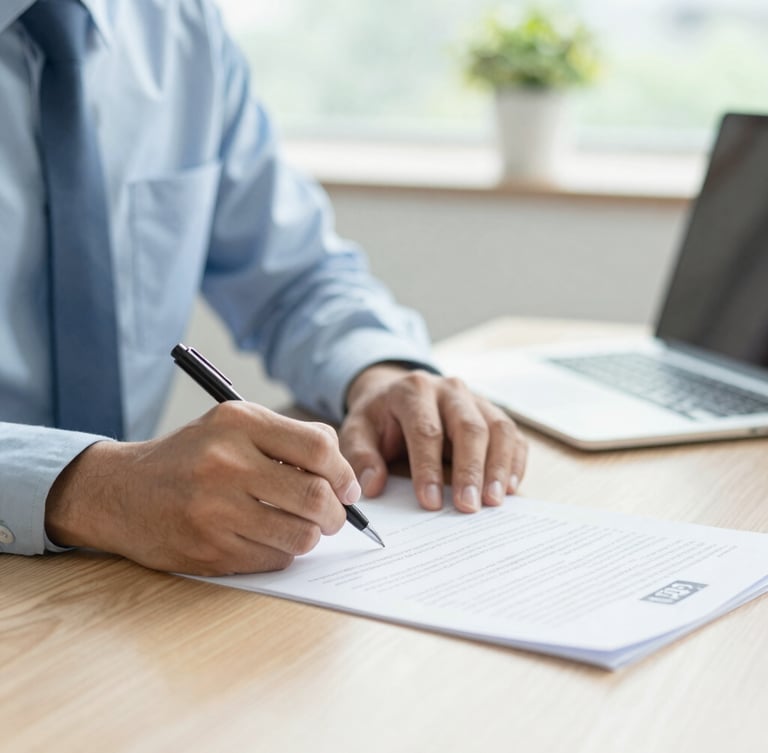 Close-up of professional hands signing a lease agreement on a clean wooden desk, bright natural daylight, soft green tones, shallow depth of field.