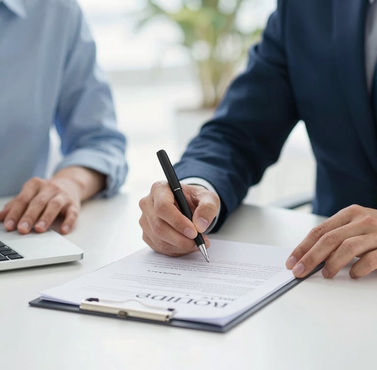 Close up on hands signing a lease agreement on a clean desk, bright natural daylight, professional corporate photography, shallow depth of field.
