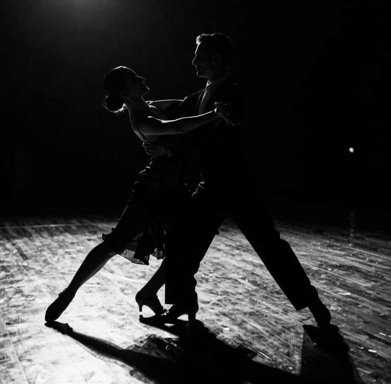 Dramatic high-contrast black and white shot of a ballroom dance couple in mid-motion, sharp silhouettes, polished dark wood floor reflecting light, 35mm