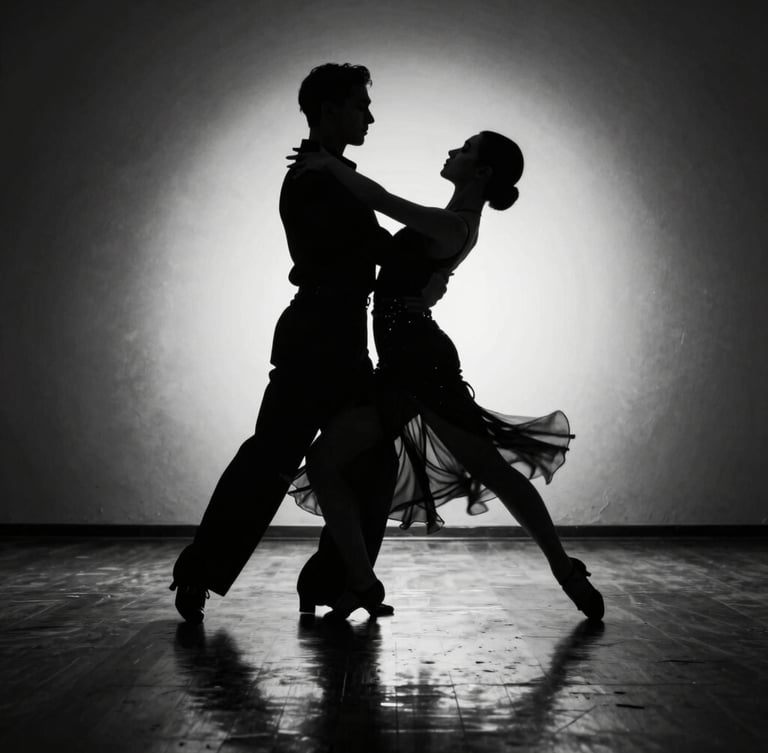 Dynamic low angle black and white shot of a ballroom dance couple in motion, sharp silhouettes, high-contrast chiaroscuro lighting, polished dark wood reflection, 35mm