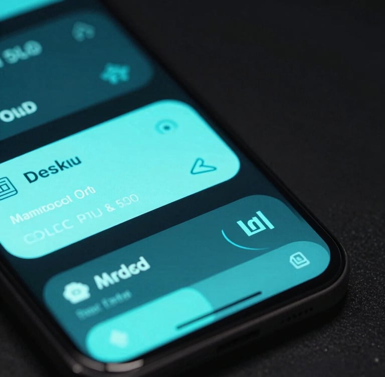 Extreme macro shot of a high-end Android OLED screen showing fluid cyber-cyan UI animations, neon light refraction, high contrast dark theme, professional technology photography