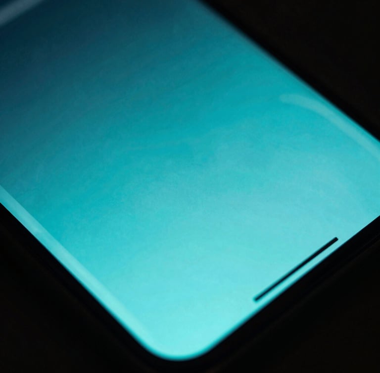 Extreme macro photography of a modern Android smartphone screen showing a fluid UI transition, moody cyber-cyan neon backlighting, high contrast, shallow depth of field