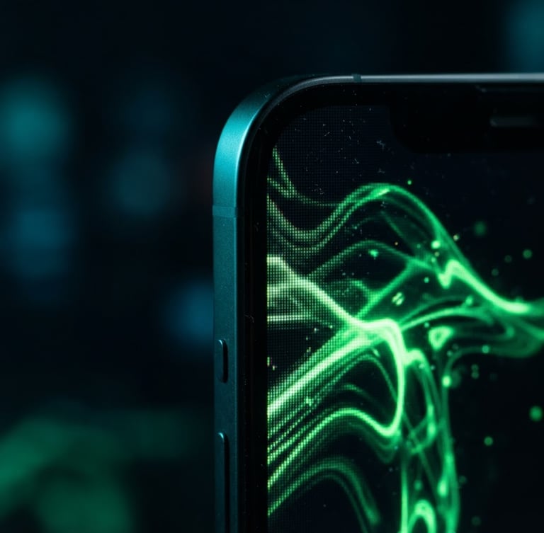 Extreme macro shot of a sleek dark smartphone screen displaying a fluid, high-contrast neon green UI transition, moody cyber-cyan background light, ultra-sharp focus on glass edge