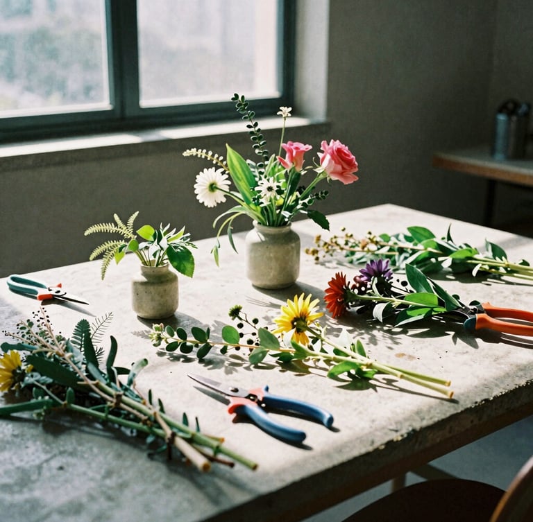 Stark editorial shot of a concrete studio worktable scattered with cut stems, shears, and asymmetrical botanical arrangements, sharp window daylight, high-contrast shadows, 35mm