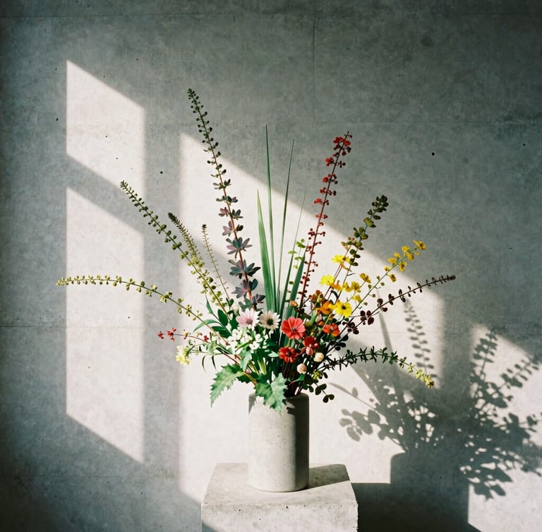 An asymmetrical botanical arrangement with wild-gathered stems in a minimalist concrete vessel, set against a raw concrete wall, sharp directional window daylight casting dramatic high-contrast shadows, 35mm editorial photography