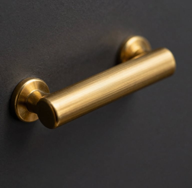 Macro close-up shot of a heavy-gauge solid brass cabinet handle, showing the exquisite brushed gold texture, sharp metallic highlights, and fine knurled details, shallow depth of field.