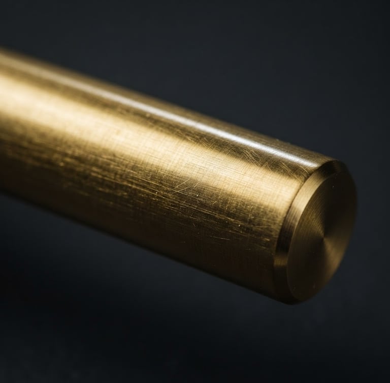 Extreme close-up macro shot of a brushed gold heavy-gauge cabinet handle, sharp metallic highlights, moody studio lighting with deep charcoal backdrop.