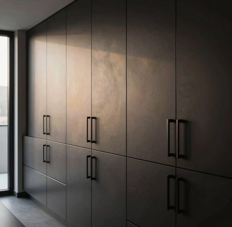 Wide-angle architectural shot of a modern minimalist luxury kitchen, soft window light illuminating dark charcoal cabinets fitted with sleek matte black ELLIST handles.