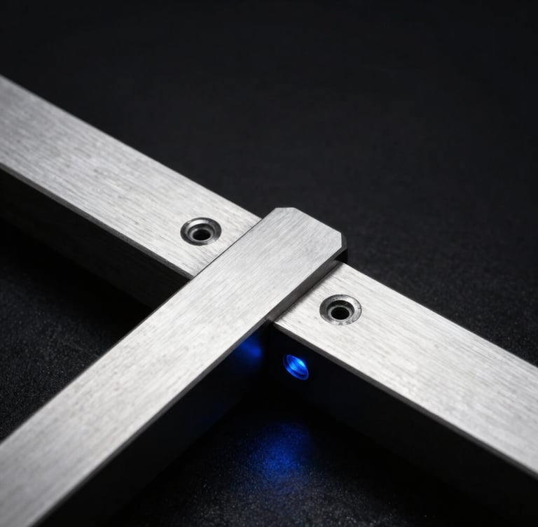 Macro detail of a high-end metal structural joint, razor-sharp focus, stark high-contrast studio lighting, deep black background with a single electric blue reflection