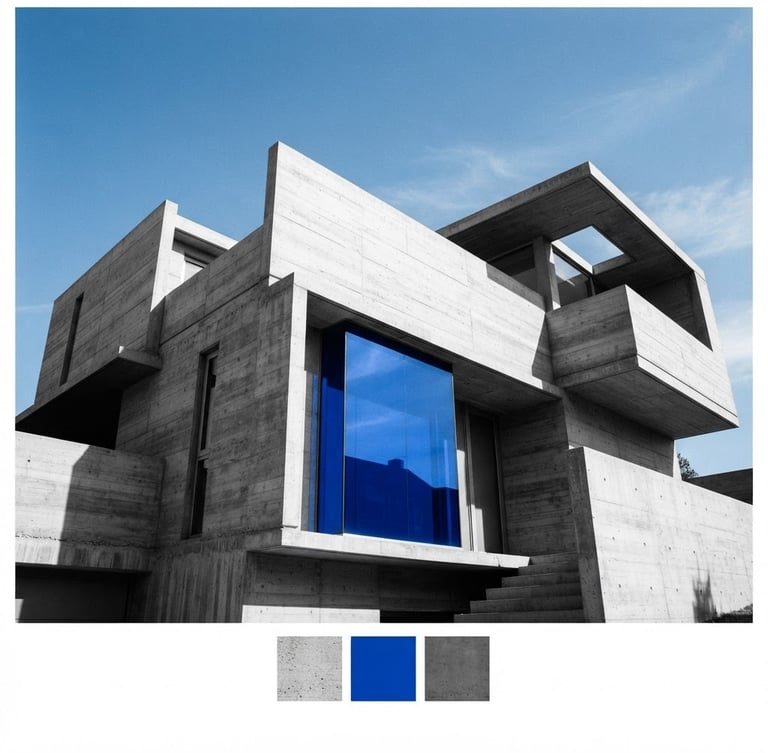Sleek, minimalist architectural concrete structure with sharp shadows and a single cobalt blue glass panel, wide-angle 35mm photography, high-contrast daylight