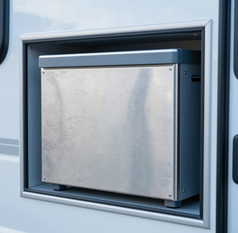 Close-up of a clean, modern stainless steel UV-C disinfection unit installed securely in a caravan utility compartment, technical detail, sharp focus, cool blue undertones