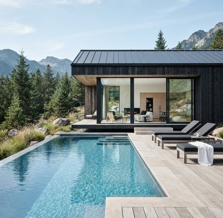 Clean commercial photography of a modern luxury holiday cabin with a crystal-clear outdoor pool, bright clinical daylight, cool blue undertones, sharp focus