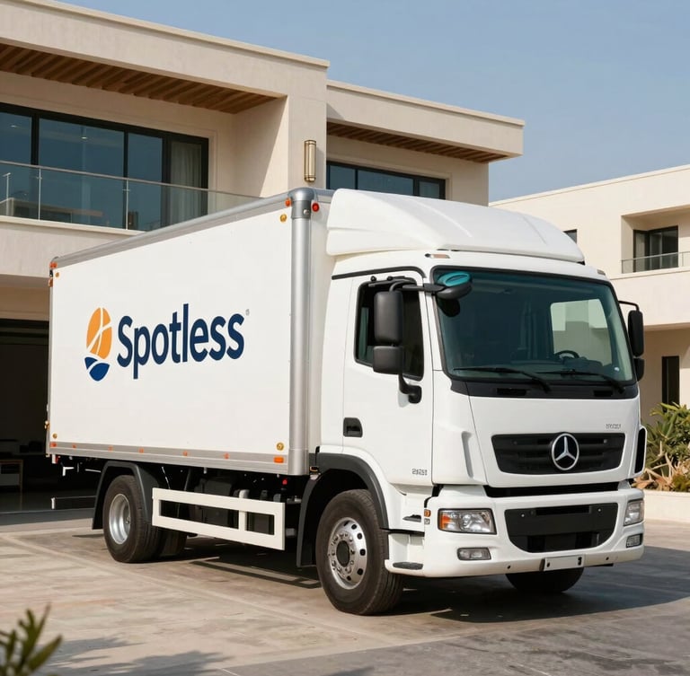 Spotless white branded transport truck parked outside a modern luxury villa in Arabian Ranches Dubai, bright desert daylight, clean shadows