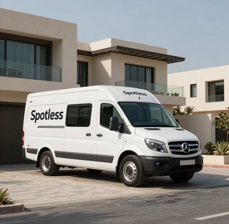 Spotless white branded transport vehicle parked outside a contemporary luxury Dubai villa in Arabian Ranches under crisp, high-contrast desert daylight, clean shadows.