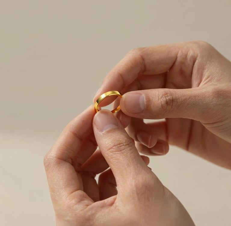 Close-up of elegant hands gently holding a gold ring under soft directional light, highlighting the metallic reflections and fine texture, minimalist background