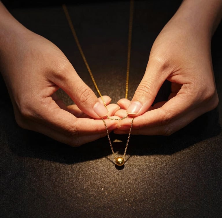 Elegant lifestyle shot focusing on hands gently holding a gold necklace over a dark textured fabric, soft golden reflections, warm directional studio lighting, high contrast