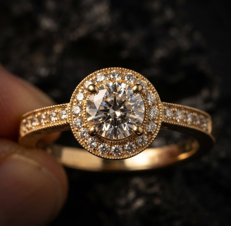 Extreme macro shot of a hand-finished gold ring catching warm studio light, highlighting the delicate metallic reflections and gemstone facets, dark obsidian background, 85mm lens